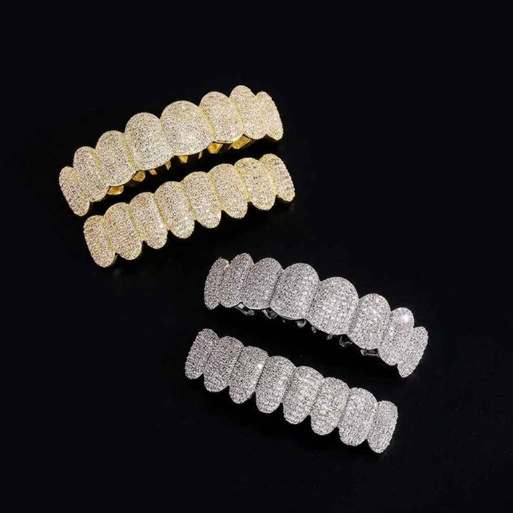 Silver Iced Out Grillz Moissanite Diamond Hip Hop Teeth Caps