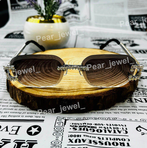 Iced Out Moissanite Diamond Rimless Eyewear Silver Uv Protection Sunglasses