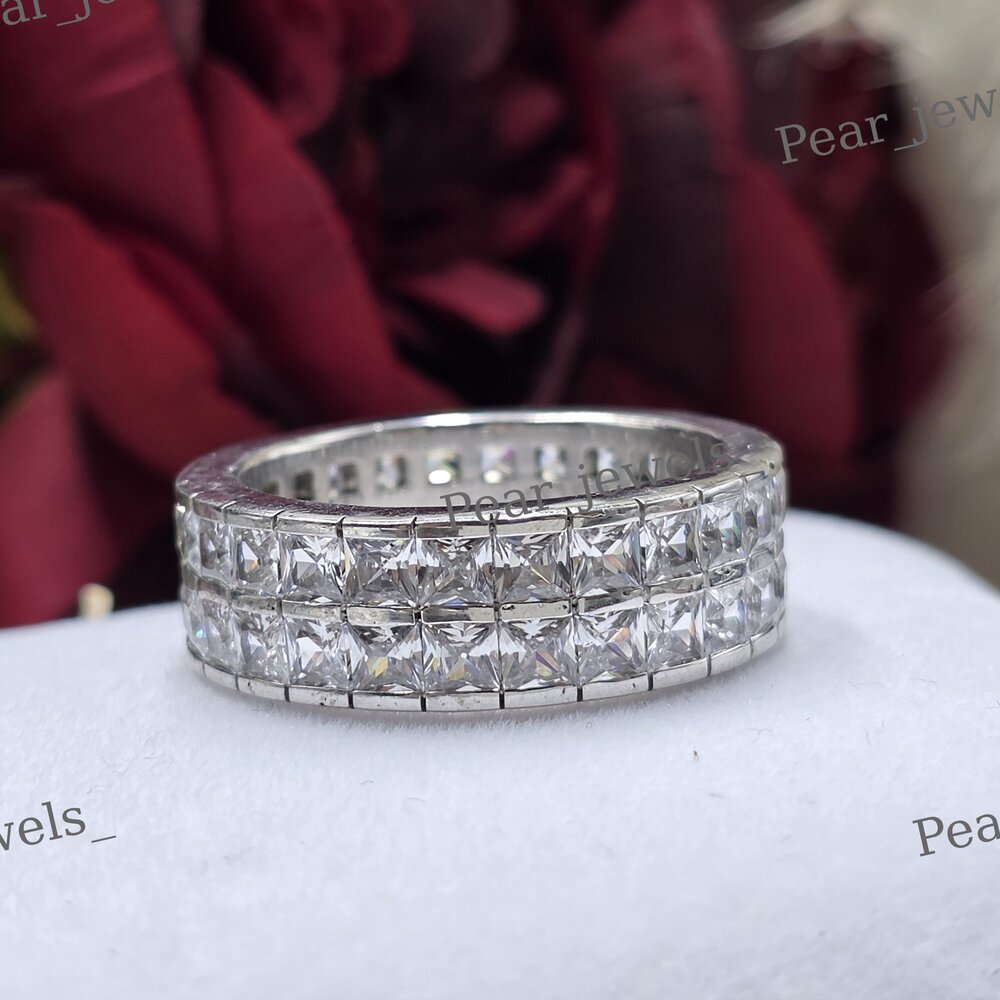 Luxury 925 Sterling Silver Iced Out VVS Moissanite Princess Cut Sparkling Bust Down Band