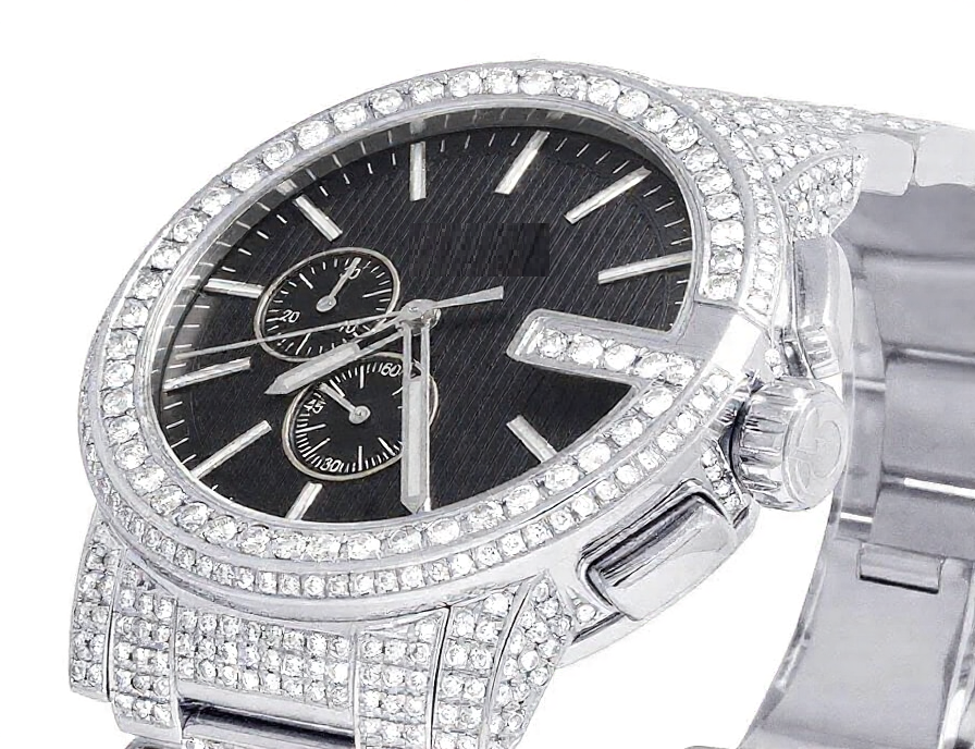 Stainless Steel Iced Out VVS Moissanite Diamond Black Dial Wrist Watch