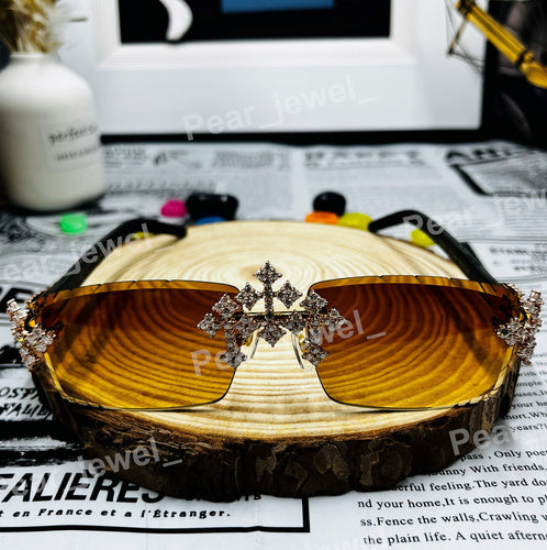 Hip Hop Iced Out Cross Brown Moissanite Diamond Glasses Photochromic Unisex Party Wear Sunglasses