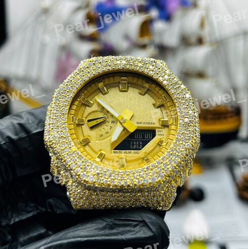 Round Case Dial Iced Out Moissanite Diamond Bust Down Watch Party Wear
