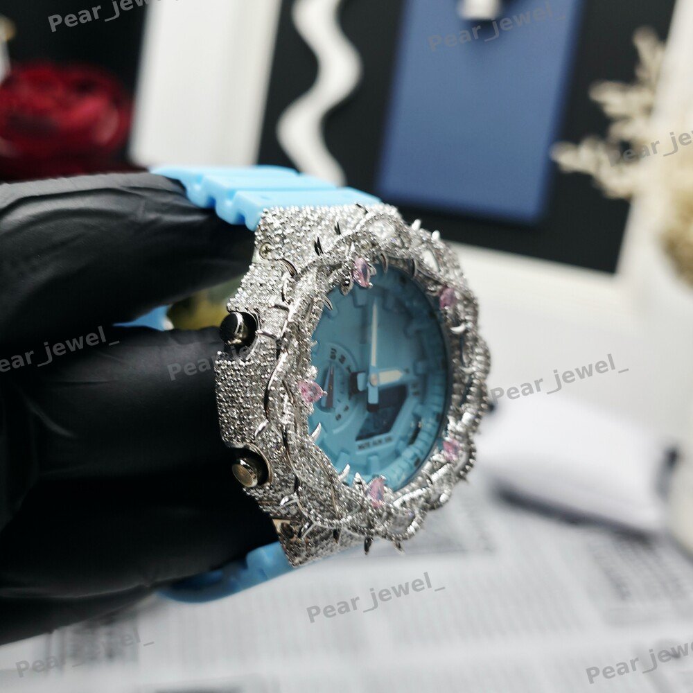 VVS Moissanite Diamond Iced Out Thoren Blue Case Dial Wrist Watch For Women