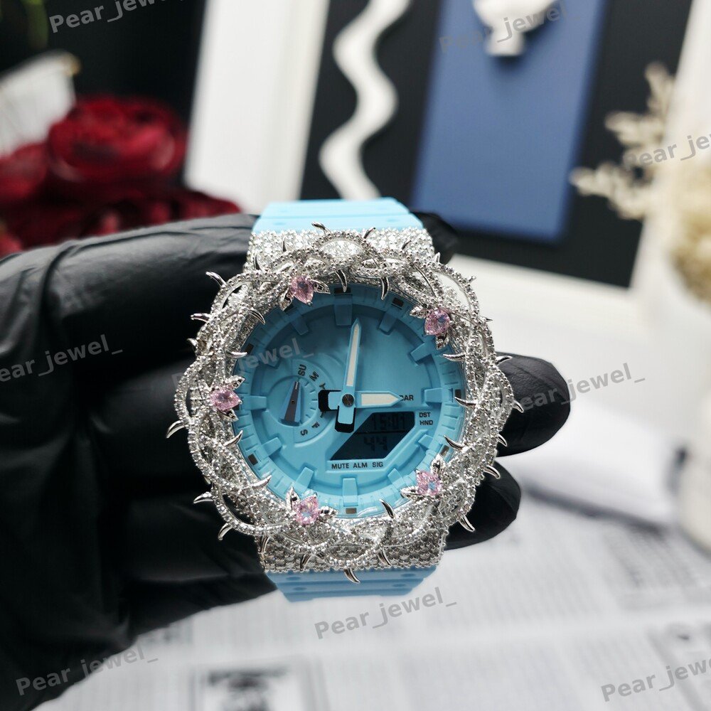 VVS Moissanite Diamond Iced Out Thoren Blue Case Dial Wrist Watch For Women