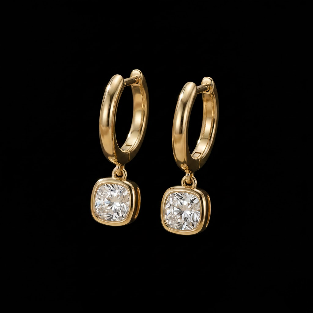 Cushion Cut Drop Hoop Earrings Gold Tone Diamond Look Elegant Shine