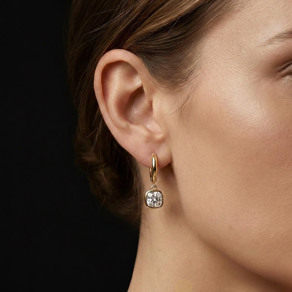 Cushion Cut Drop Hoop Earrings Gold Tone Diamond Look Elegant Shine