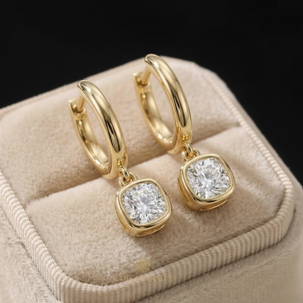 Cushion Cut Drop Hoop Earrings Gold Tone Diamond Look Elegant Shine