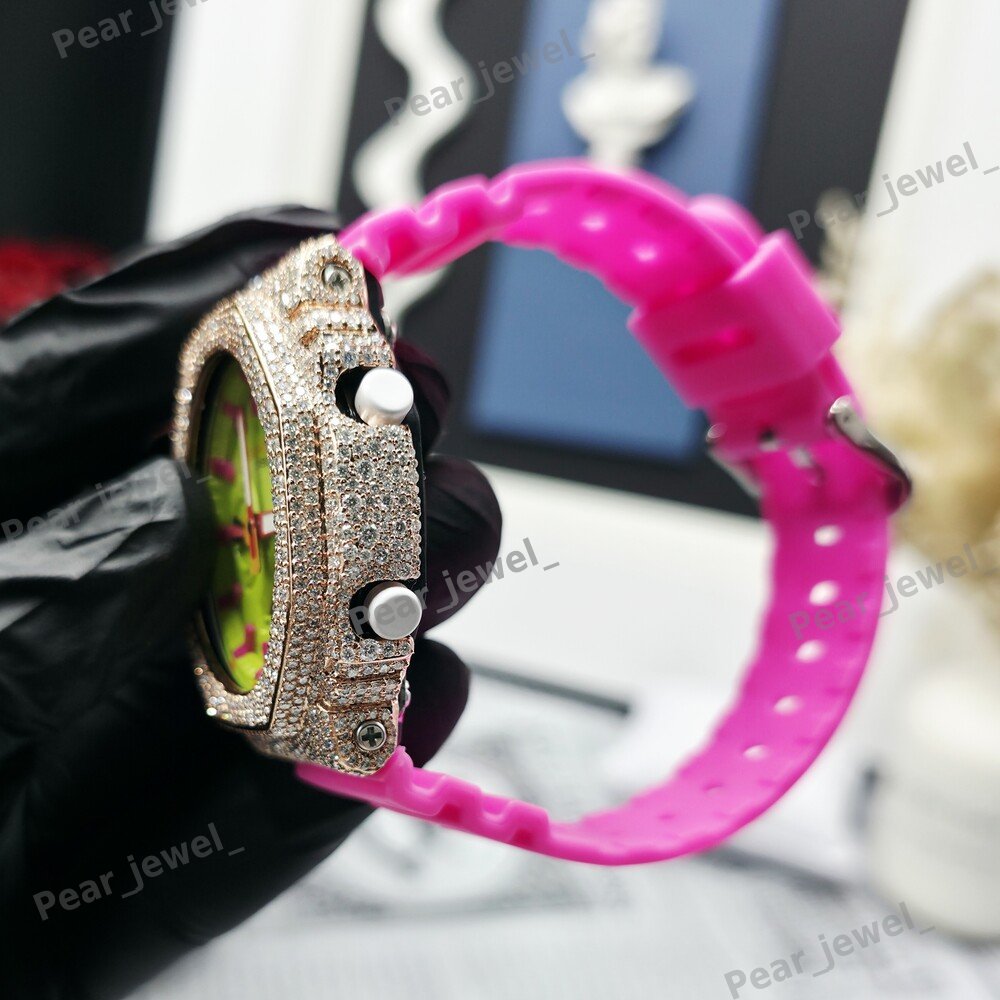 Round Cut VVS Moissanite Pink Rubber Band Unisex Wear Bust Down Watch