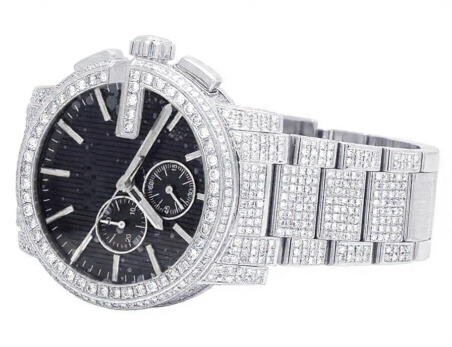 Stainless Steel Iced Out VVS Moissanite Diamond Black Dial Wrist Watch