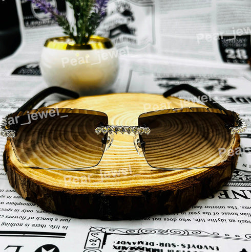 Moissanite Diamond Iced Out Hip Hop Eyewear Silver Rimless Sunglasses