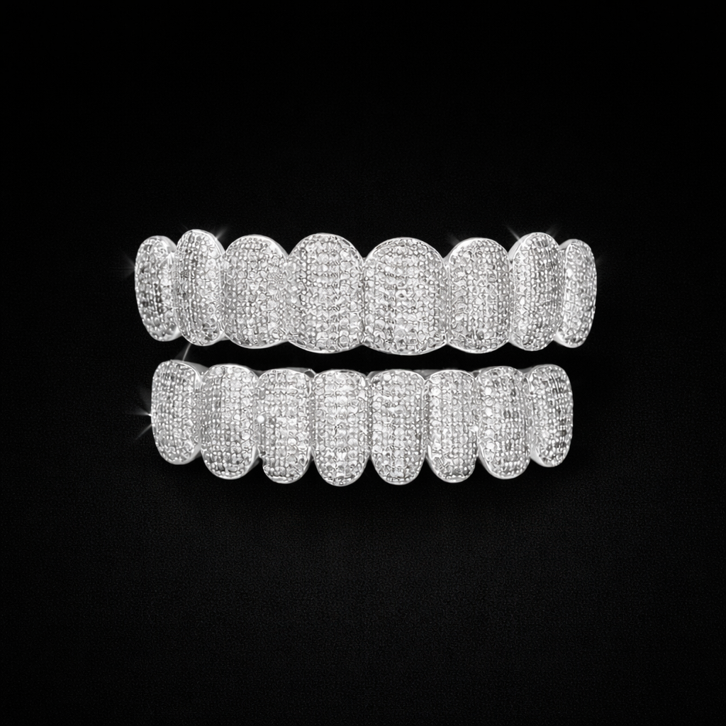 Silver Iced Out Grillz Moissanite Diamond Hip Hop Teeth Caps