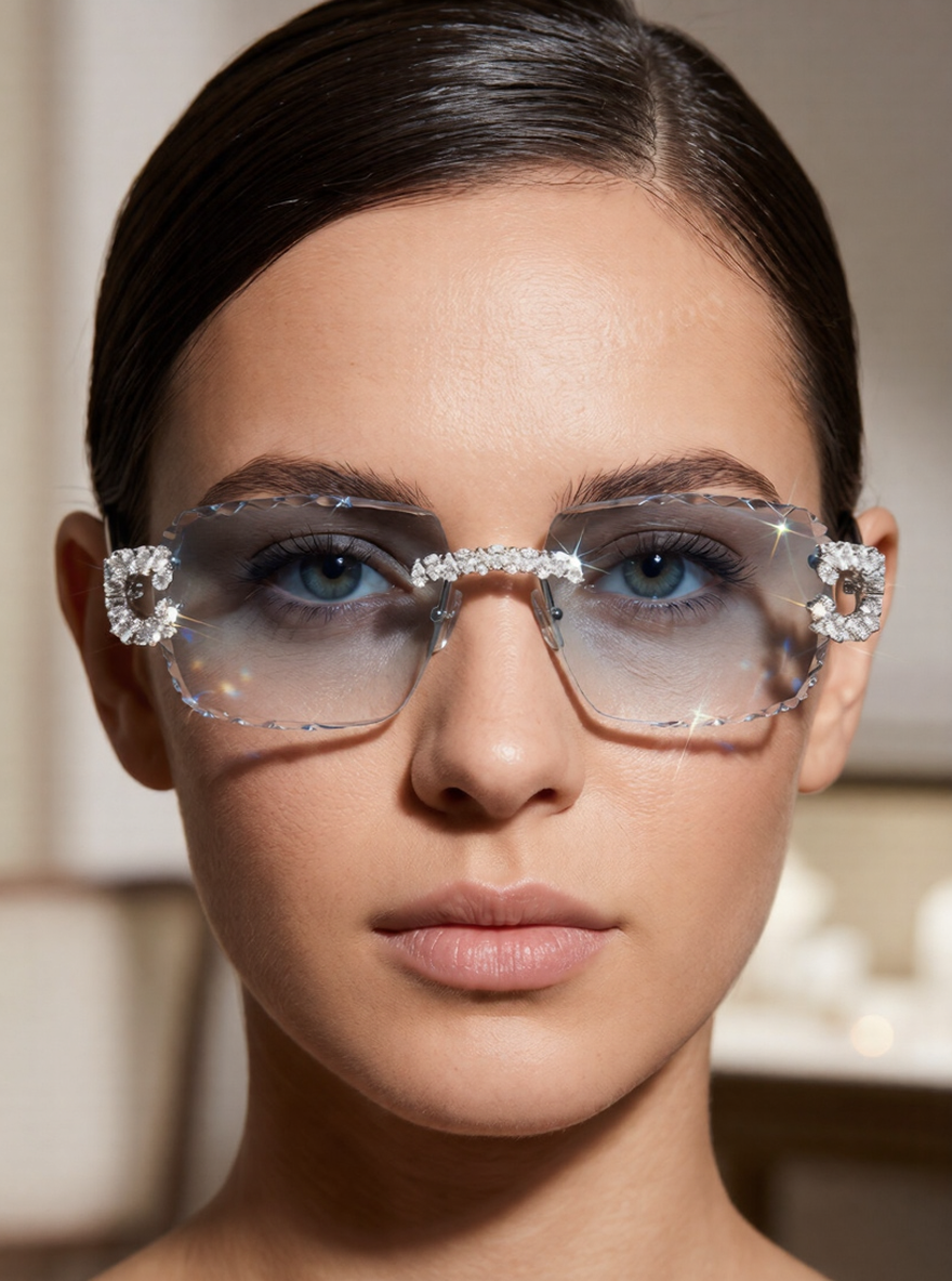 Iced Out Silver Rimless Sunglasses Moissanite Diamond Blue Glasses