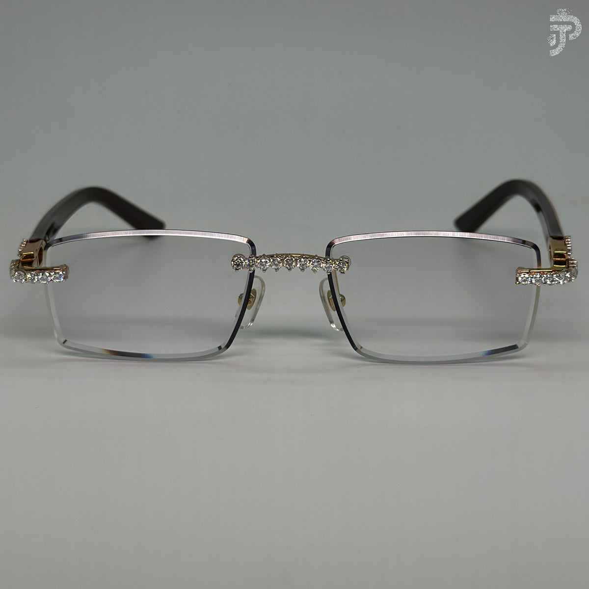 Wood Frame With White Glasses & Round Brilliant Cut Stone Eyewear Glass