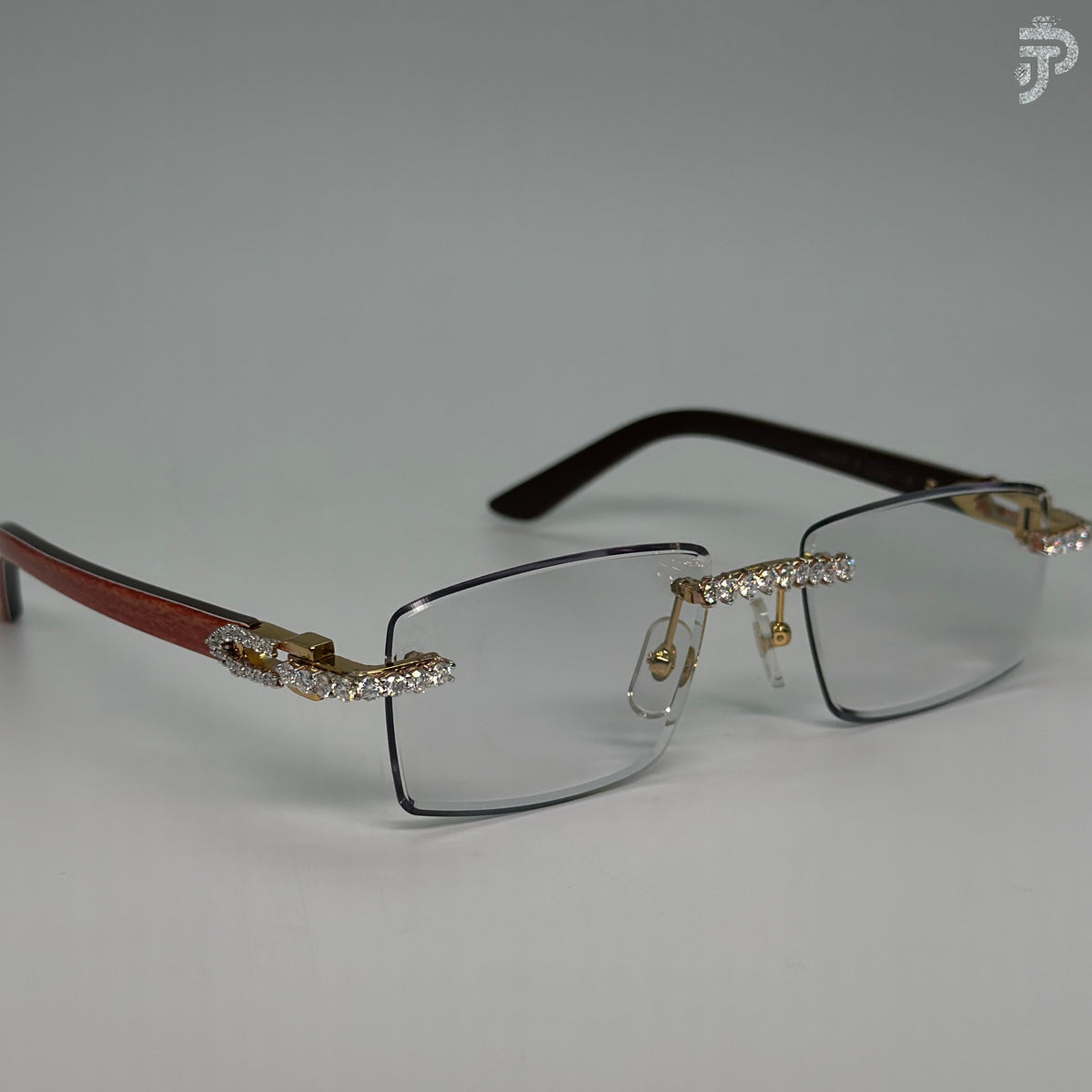 Wood Frame With White Glasses & Round Brilliant Cut Stone Eyewear Glass