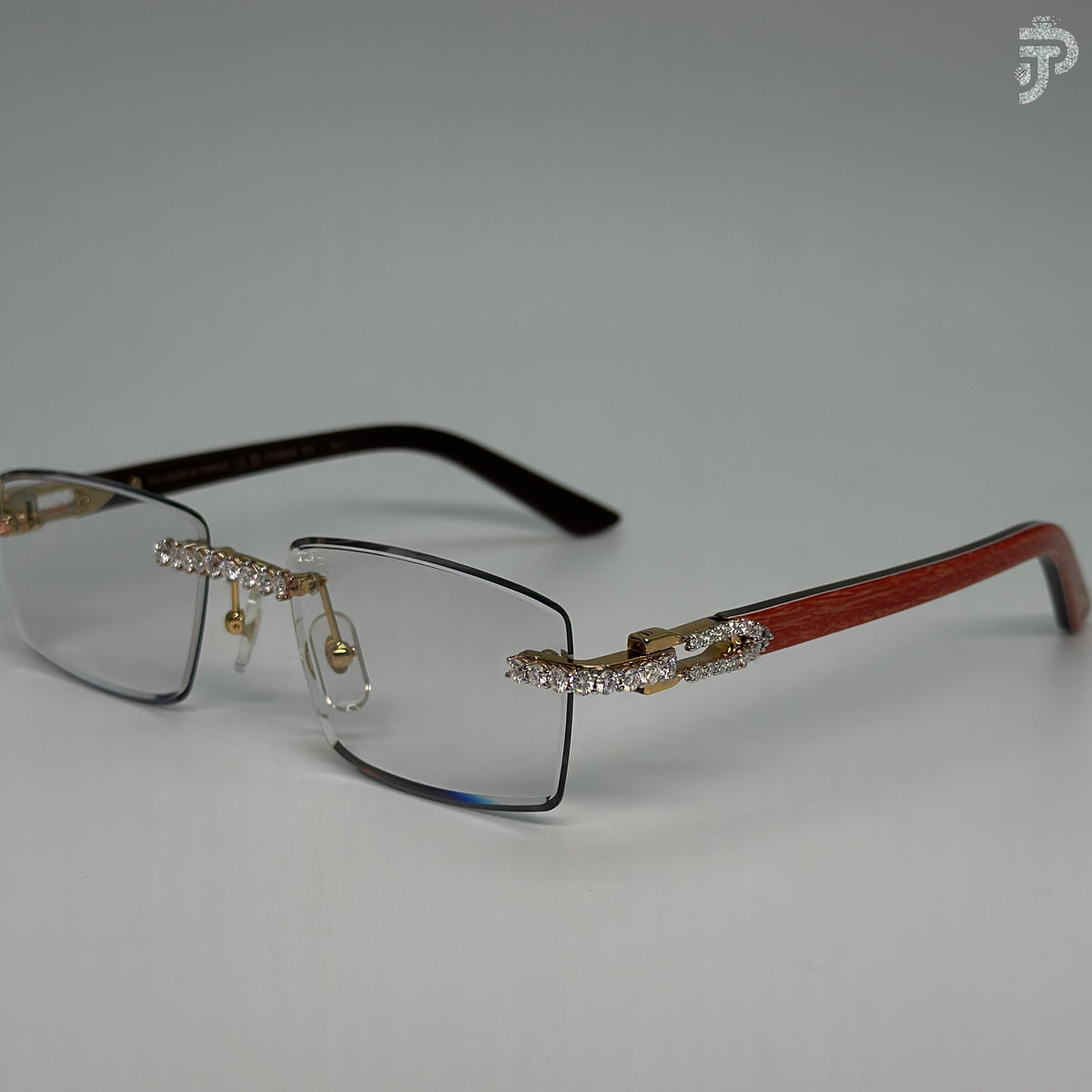 Wood Frame With White Glasses & Round Brilliant Cut Stone Eyewear Glass
