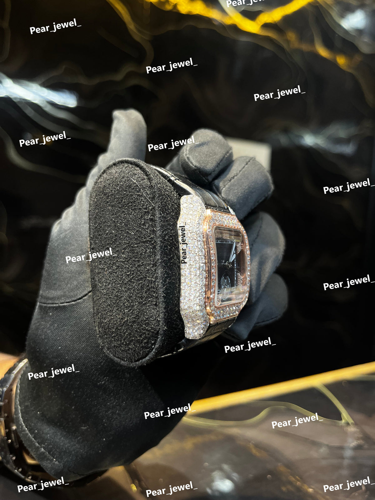 Iced Out Square Black Dial Watch Moissanite Diamond Leather Strap