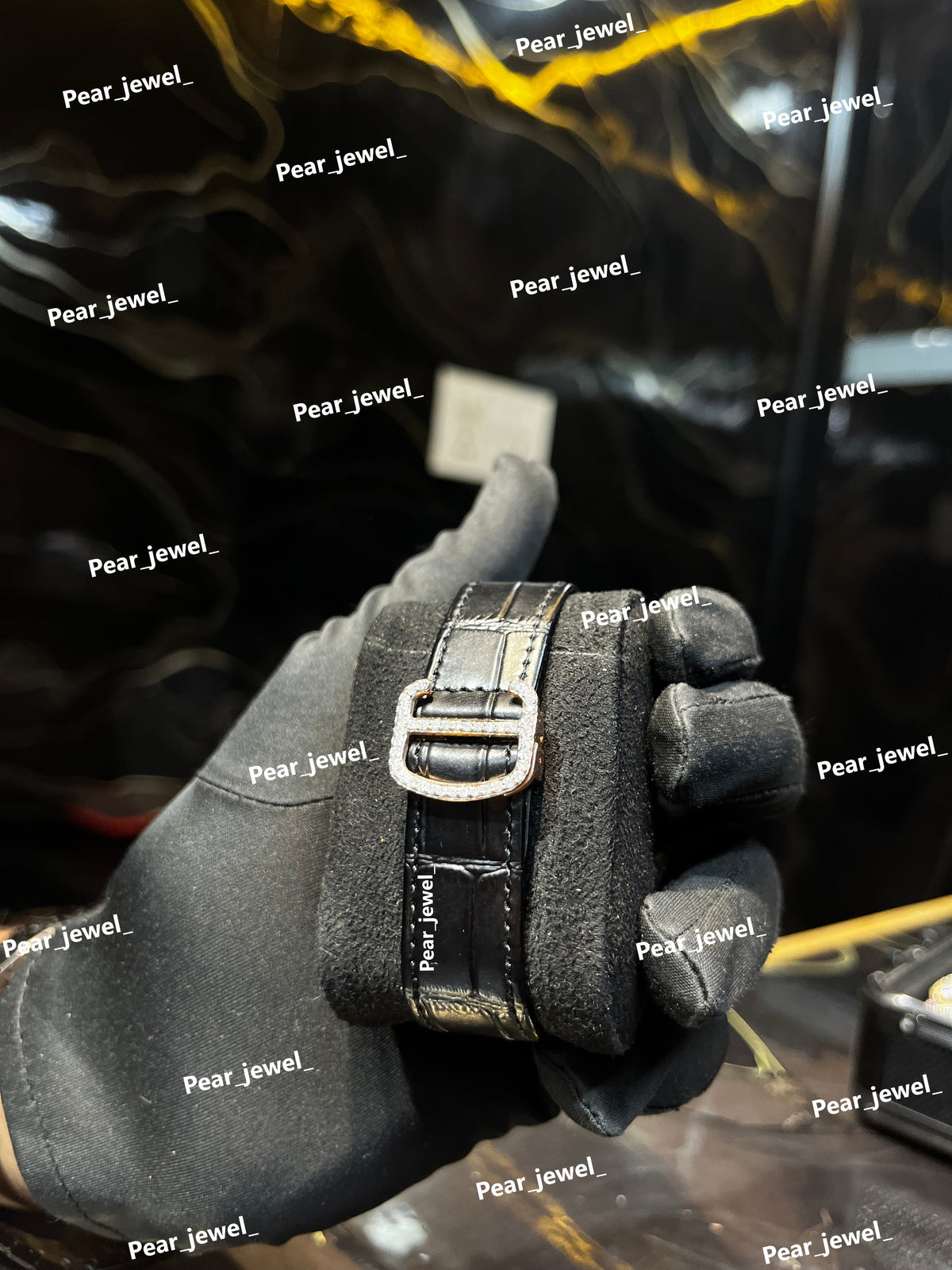 Iced Out Square Black Dial Watch Moissanite Diamond Leather Strap