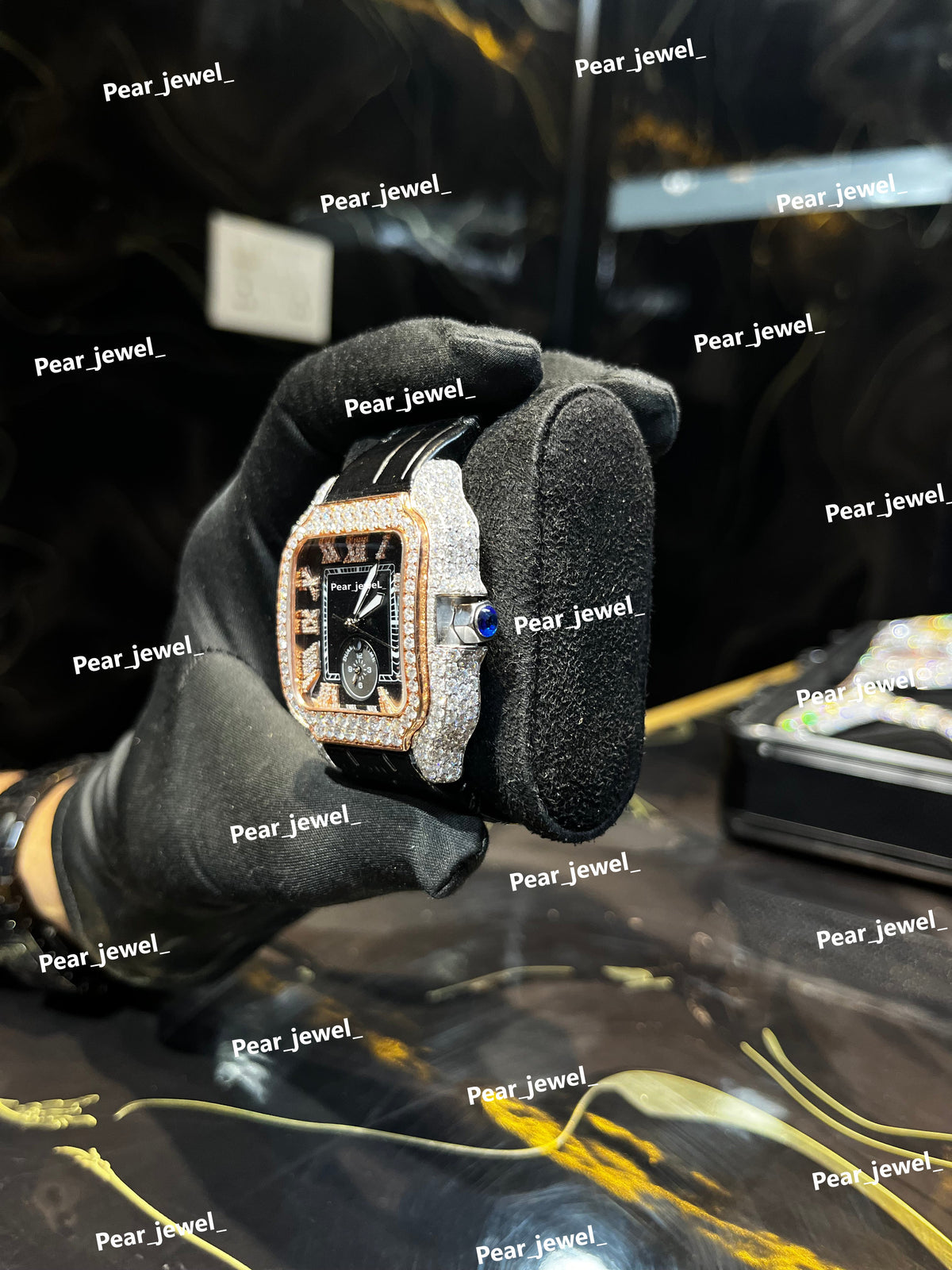 Iced Out Square Black Dial Watch Moissanite Diamond Leather Strap