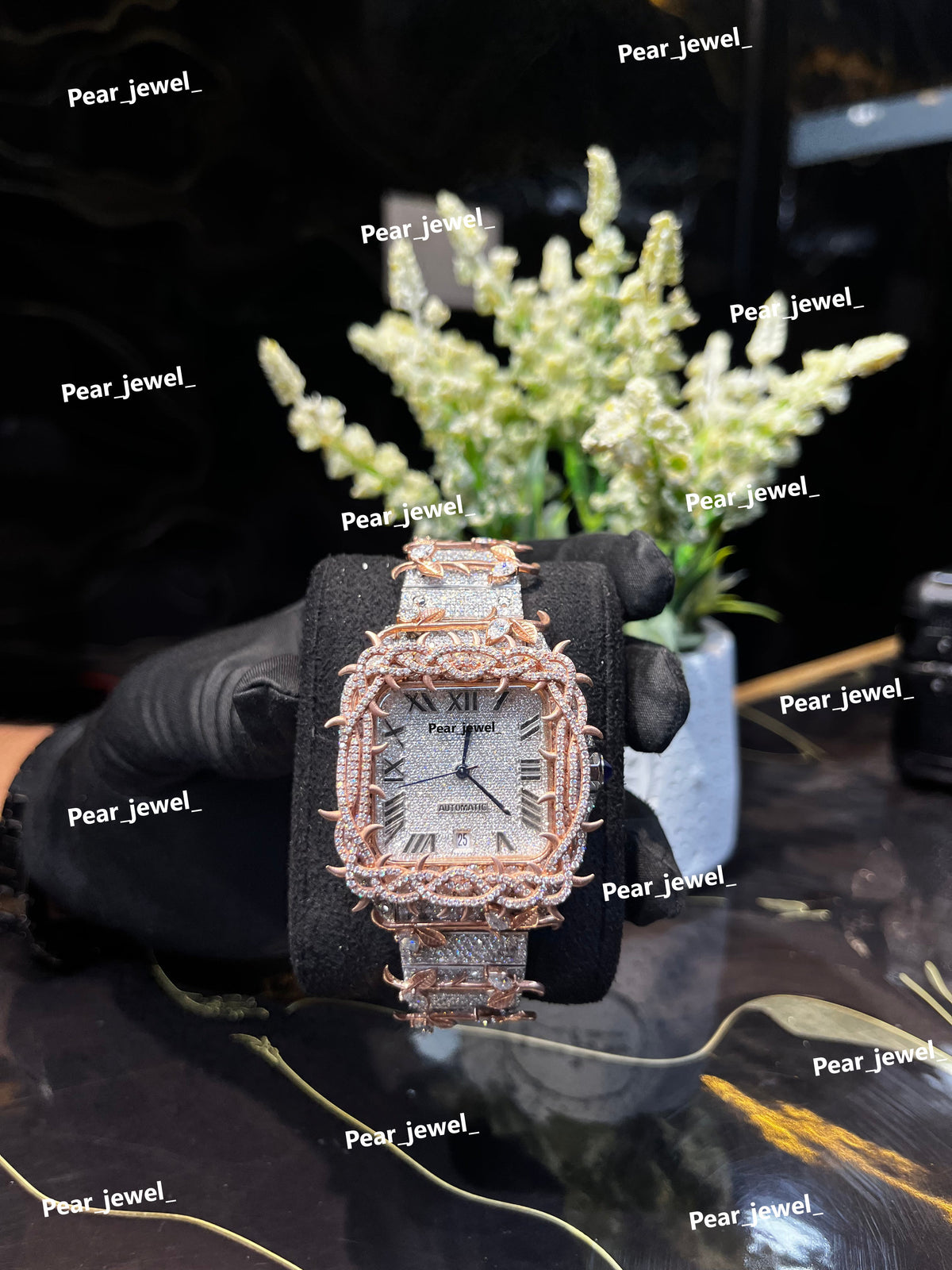 Iced Out Stainless Steel Watch VVS Moissanite Diamond Roman Dial Watch
