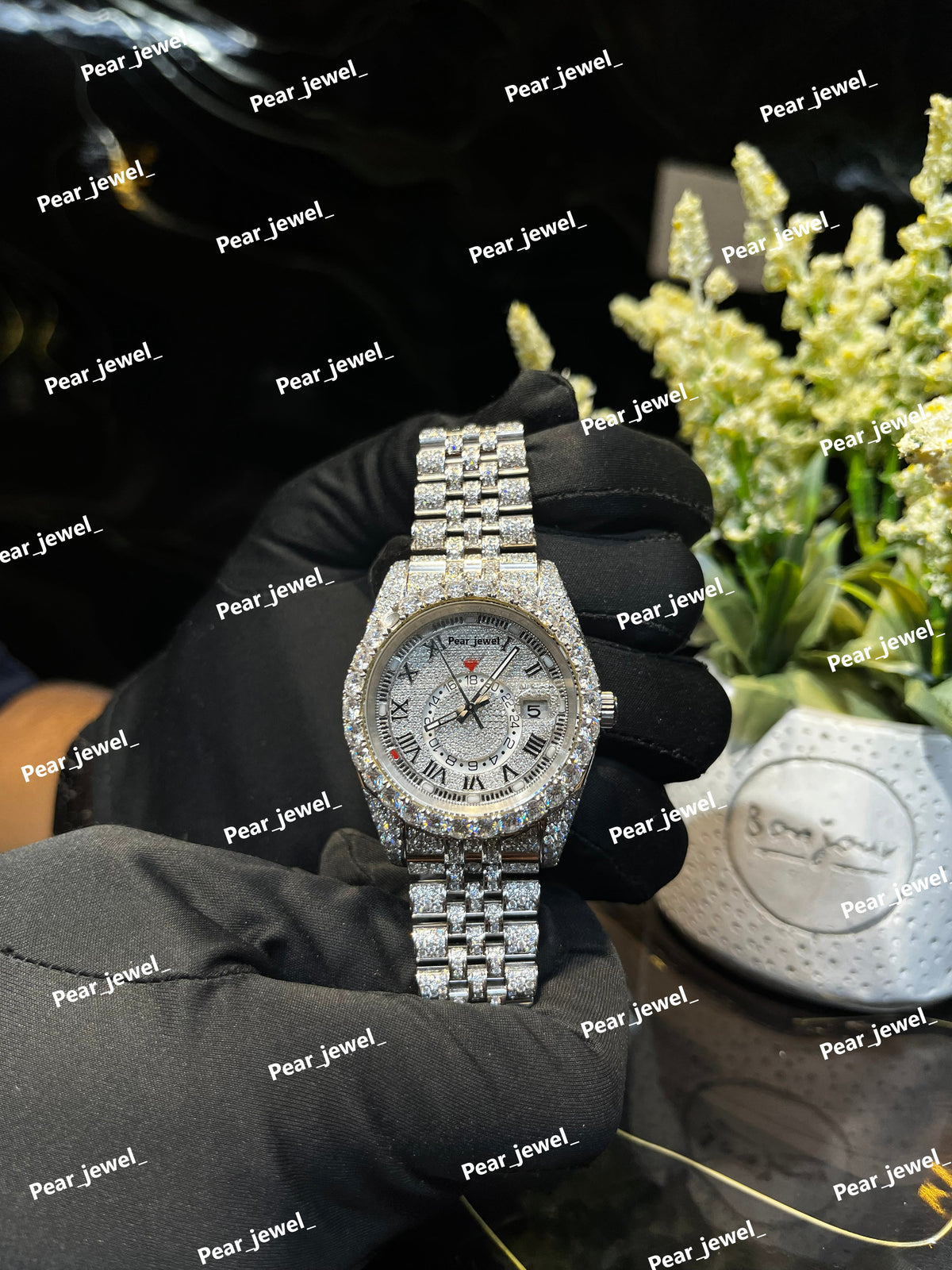 Iced Out Moissanite Diamond Watch Stainless Steel Roman Dial Wrist Watch