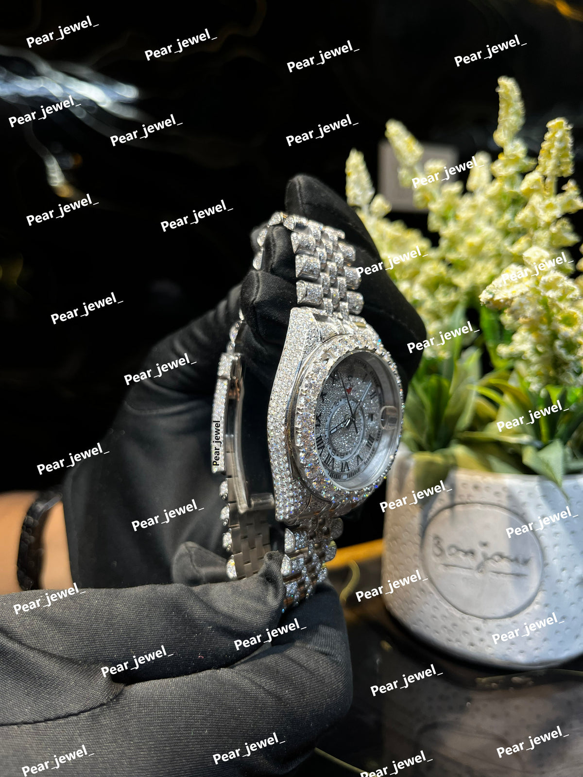 Iced Out Moissanite Diamond Watch Stainless Steel Roman Dial Wrist Watch