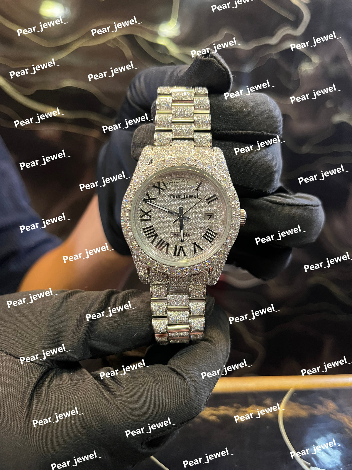 Iced Out Stainless Steel Roman Dial Watch Moissanite Diamond Luxury Wrist Watch