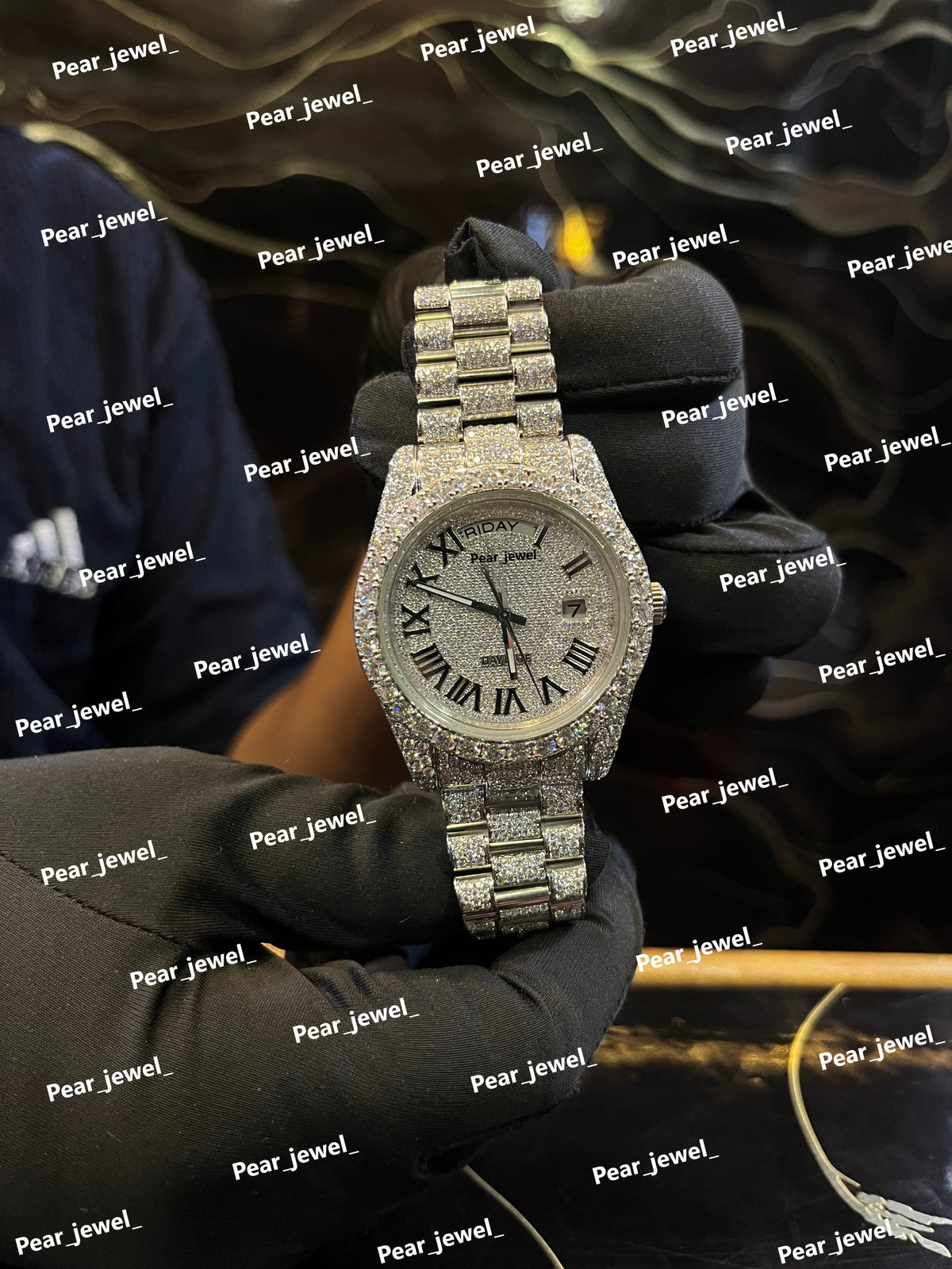 Iced Out Stainless Steel Roman Dial Watch Moissanite Diamond Luxury Wrist Watch