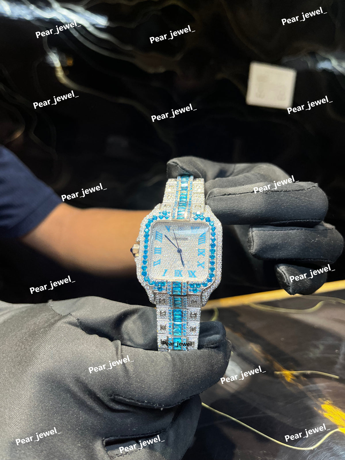 Iced Out Blue Color Stone Square Moissanite Diamond Roman Dial