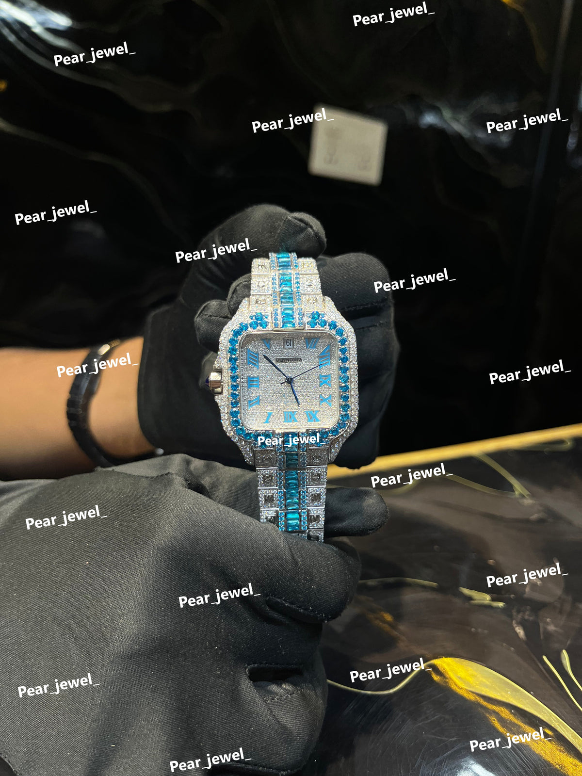 Iced Out Blue Color Stone Square Moissanite Diamond Roman Dial
