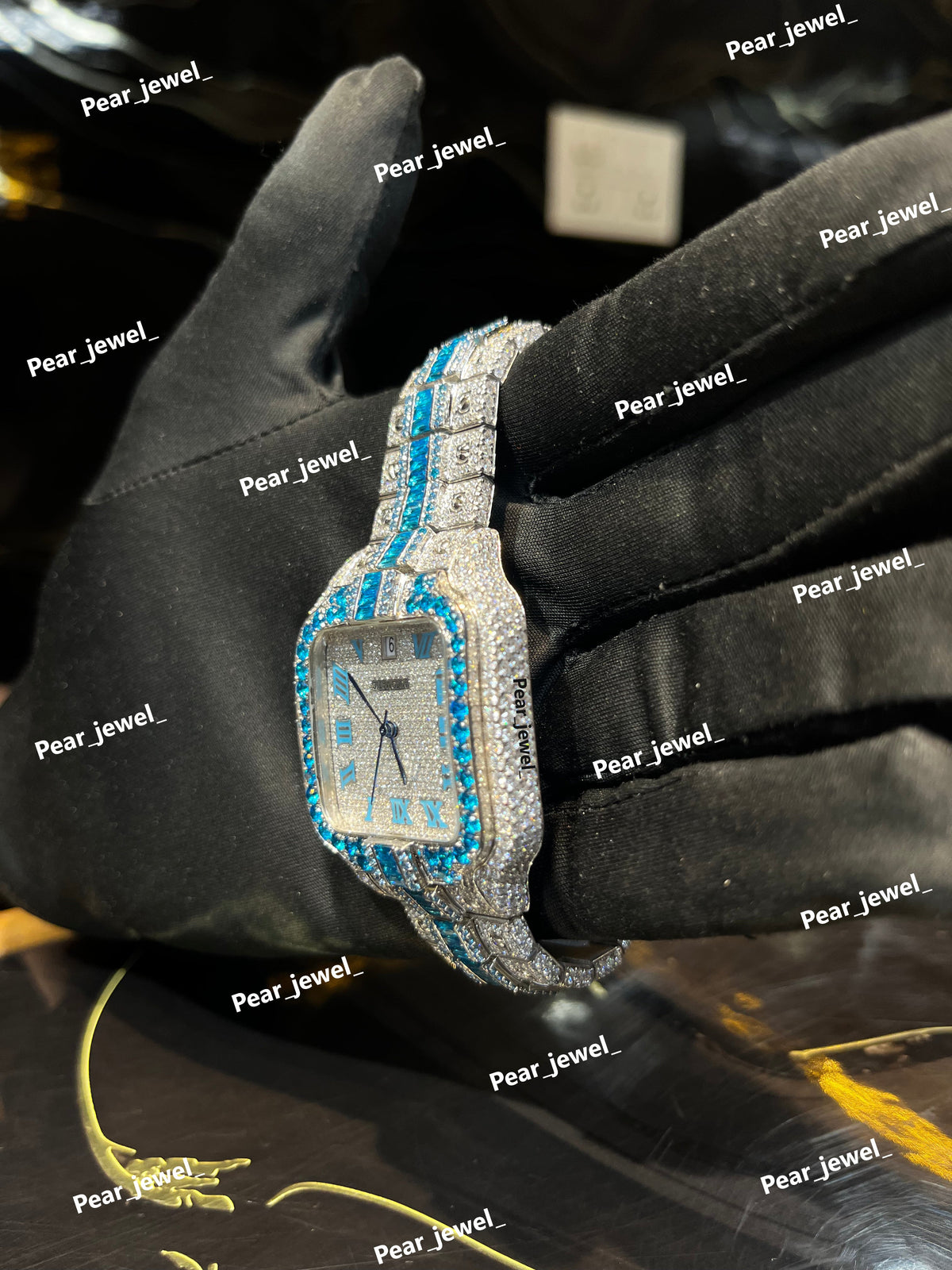Iced Out Blue Color Stone Square Moissanite Diamond Roman Dial