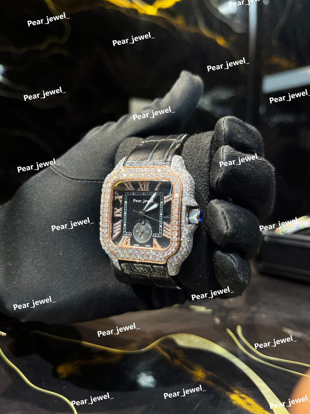 Iced Out Square Black Dial Watch Moissanite Diamond Leather Strap
