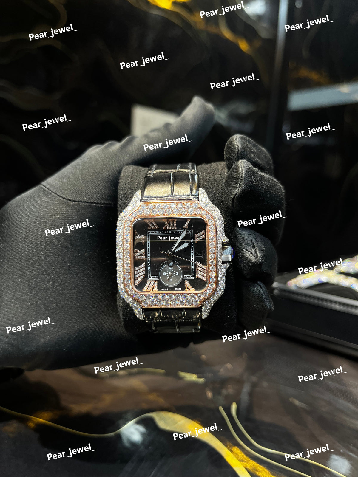 Iced Out Square Black Dial Watch Moissanite Diamond Leather Strap