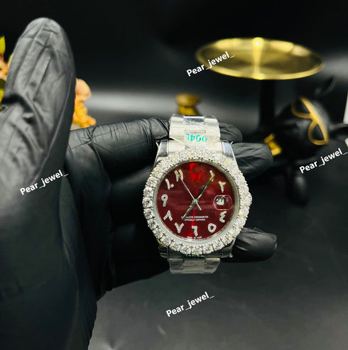 Iced Out Moissanite Diamond Stainless Steel Watch With Red Dial