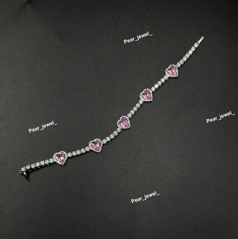 Pink Heart Color Stone Accent Tennis Bracelet VVS Moissanite Dimaond Look Silver