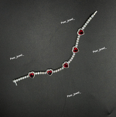 Red Heart Cut Accent Tennis Bracelet VVS Moissanite Dimaond Look Silver Shine