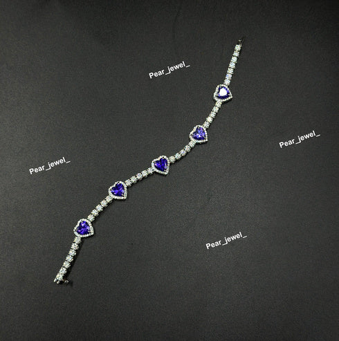 Purple Color Stone Heart Cut Tennis Bracelet VVS Moissanite Look Silver Shine