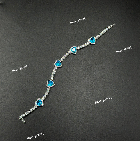 Blue Heart Cut Accent Tennis Bracelet VVS Moissanite Dimaond Look Silver Shine