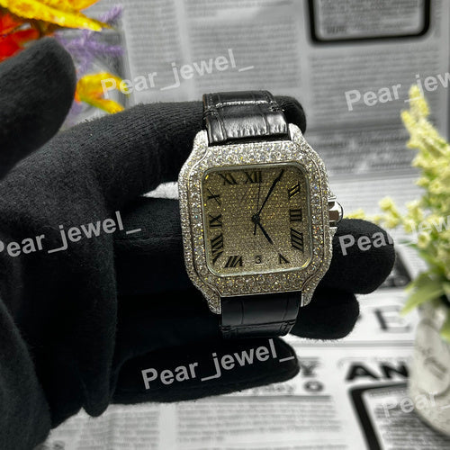 Iced Out Stainless Steel Roman Case Dial VVS Moissanite Diamond Wrist Watch