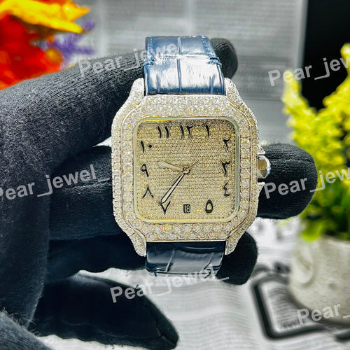 Bust Down Stainless Steel Arabic Dial Leather Band HipHop Iced Out Watch