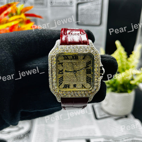 Stainless Steel Iced Out Leather Belt Diamond Wrist Watch For Unisex