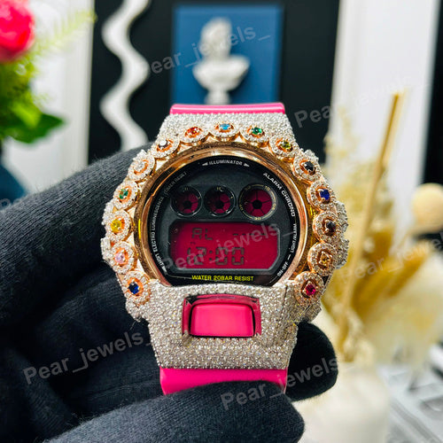 Iced Out Pink Rubber Band With VVS Round Diamond Bezel Watch