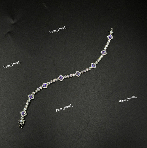 Purple Accent Iced Out Tennis Clover Bracelet VVS Moissanite Dimaond Look Silver Shine