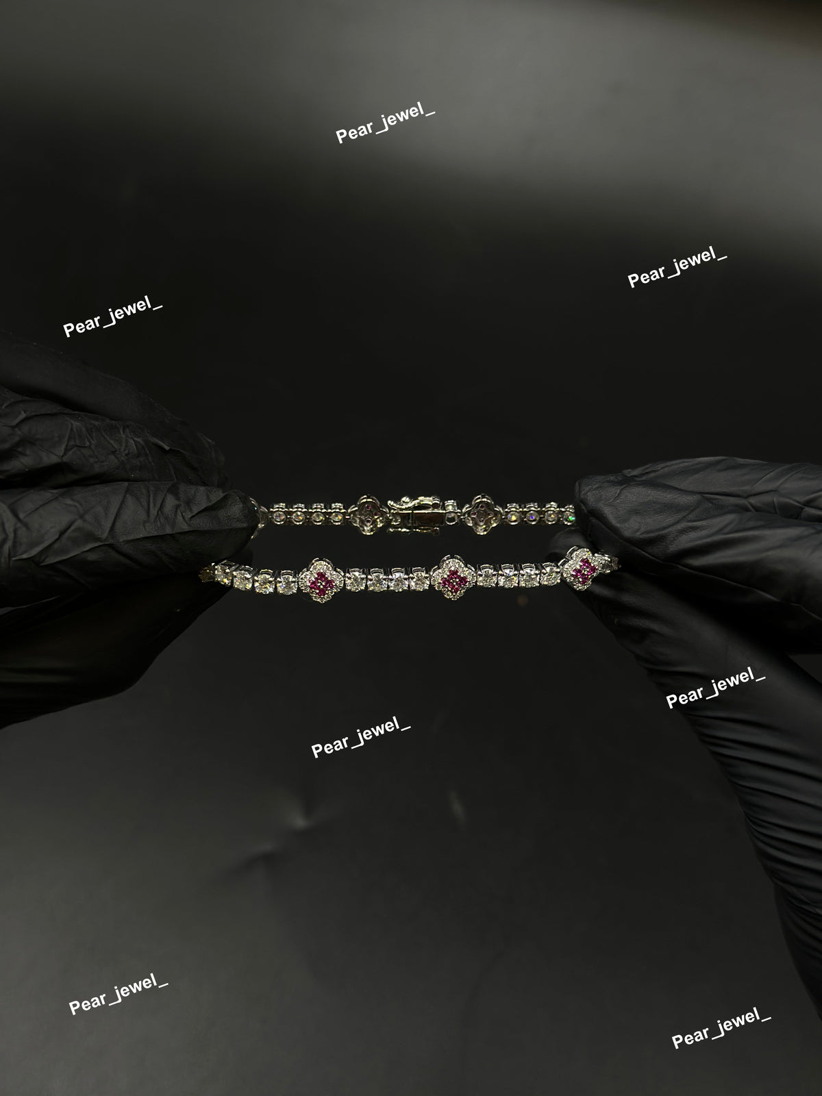 Pink Accent Iced Out Clover Tennis Bracelet VVS moissanite Diamond Jewelry