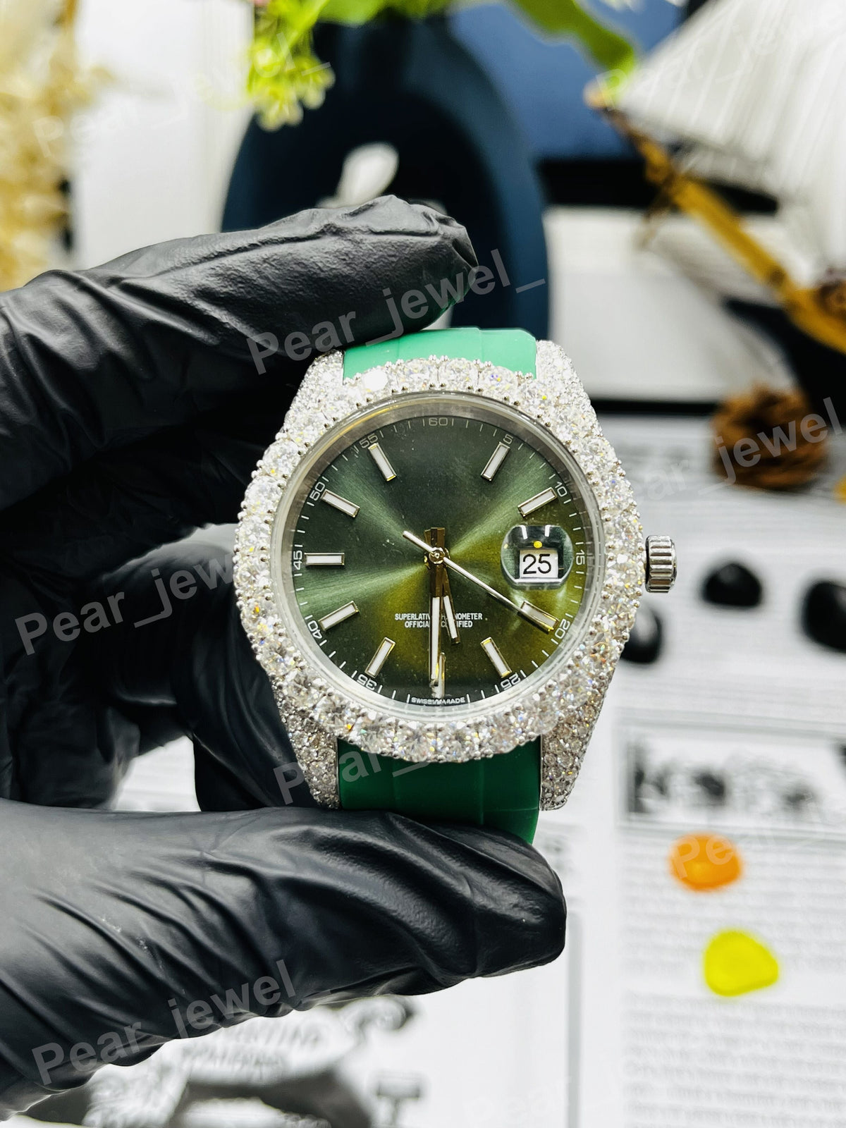 Moissanite Diamond Green Case Dial Iced Out Hip Hop Luxury Wrist Watch