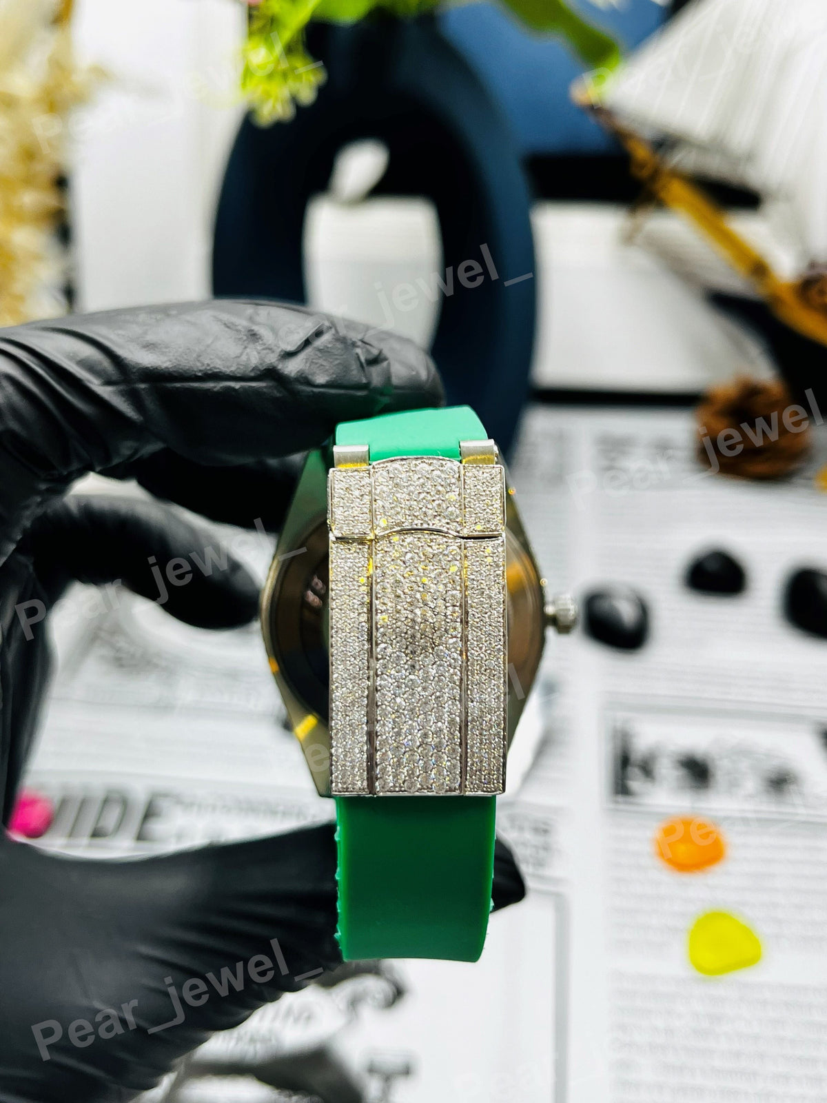 Moissanite Diamond Green Case Dial Iced Out Hip Hop Luxury Wrist Watch