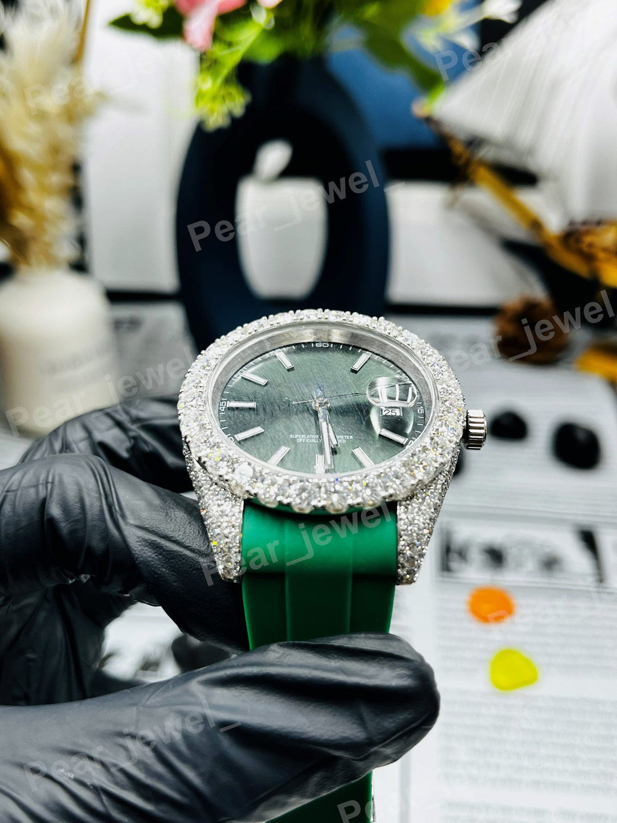 Moissanite Diamond Green Case Dial Iced Out Hip Hop Luxury Wrist Watch