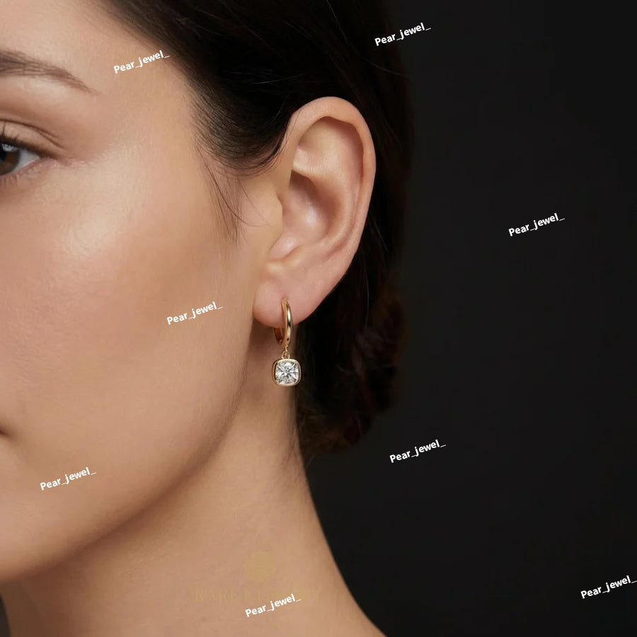 Cushion Cut Drop Hoop Earrings Gold Tone Diamond Look Elegant Shine