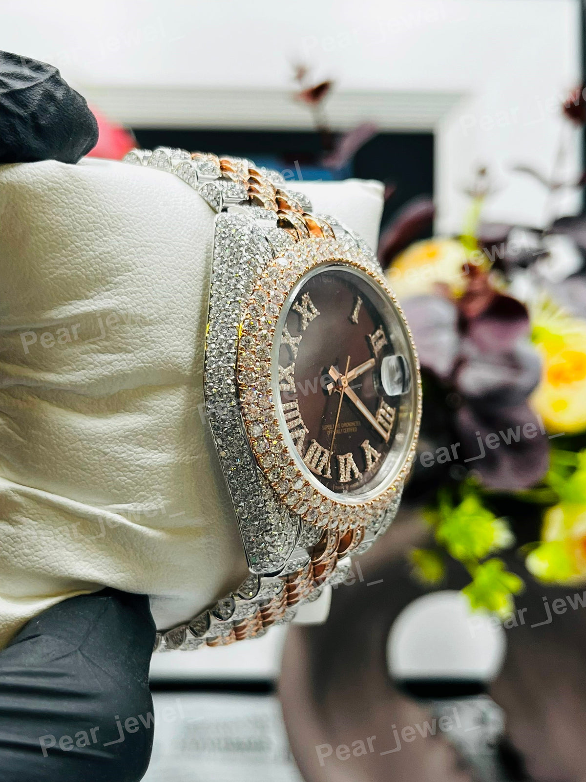 Iced Out Brown Roman Case Dial Moissanite Diamond Bust Down Watch