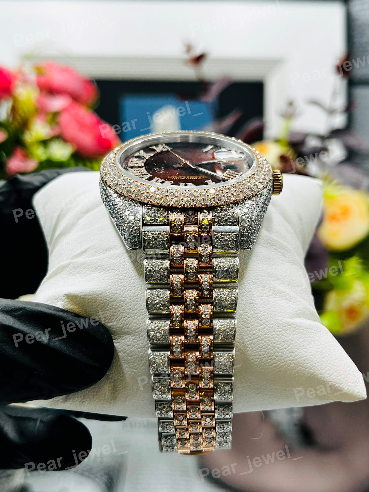 Iced Out Brown Roman Case Dial Moissanite Diamond Bust Down Watch