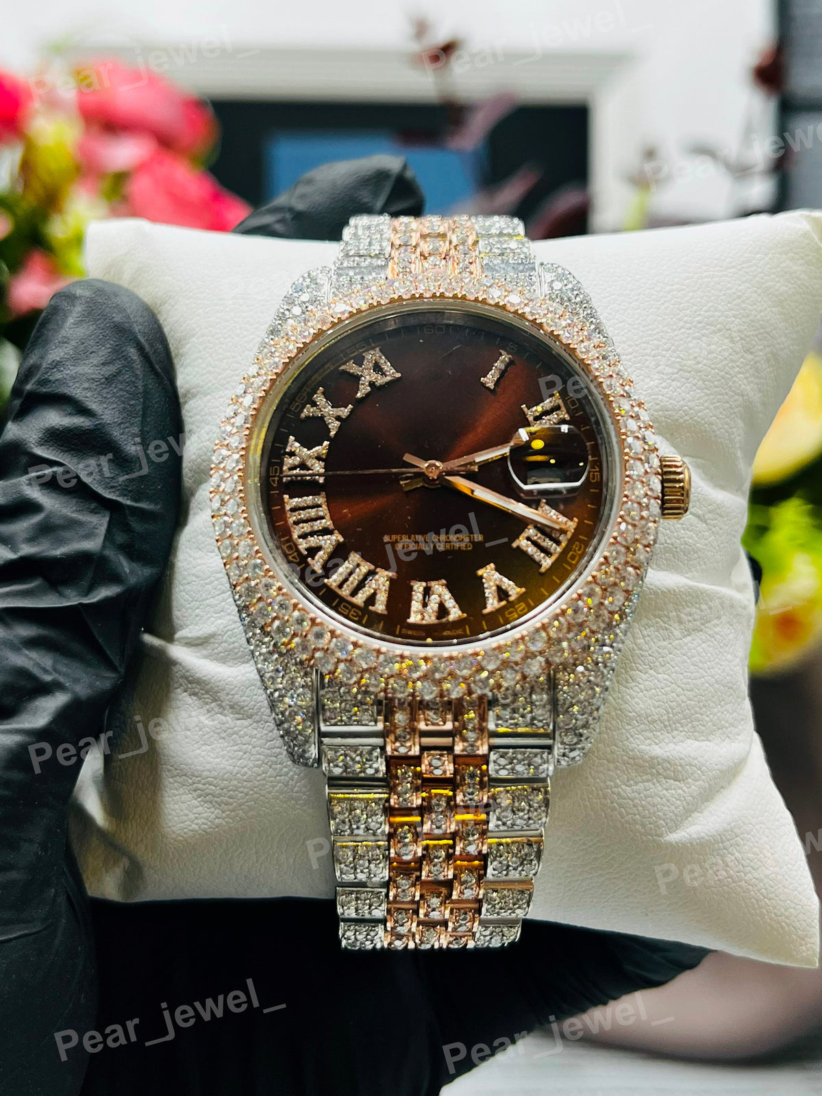 Iced Out Brown Roman Case Dial Moissanite Diamond Bust Down Watch